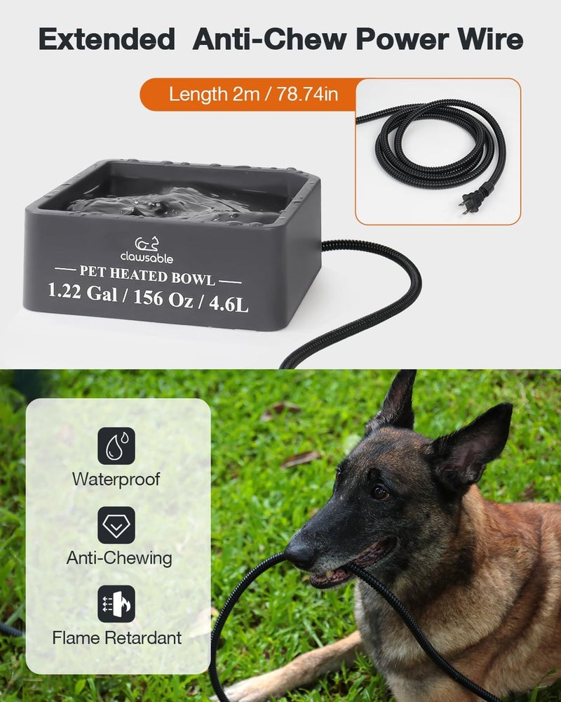 clawsable Large Heated Dog Bowl for Outdoor Dogs Cats, Heated Water Pet Dish with 78.4" Chewproof Cord, Water Thermal-Bowl for Rabbit, Chicken, Squirrel (Gray, 155Oz) - Image 3